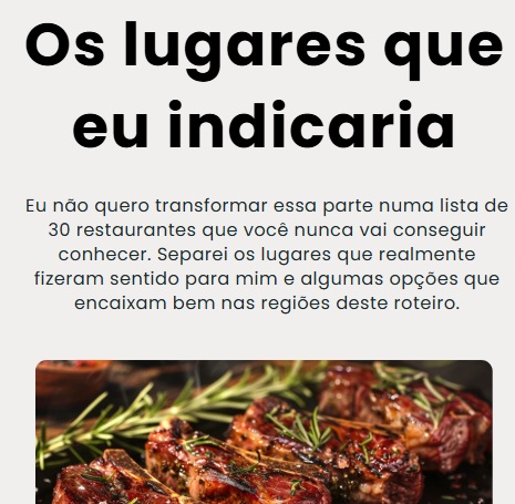 Página real do roteiro com as recomendações de lugares e restaurantes