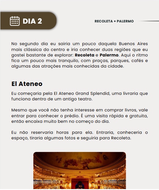 Página real do roteiro: Dia 2 — Recoleta + Palermo, com El Ateneo